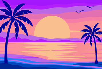Vibrant Sunset Beach Scene with Palm Trees