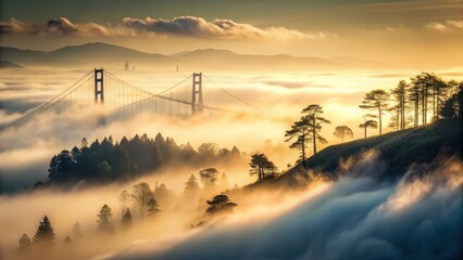 Muted tones of a foggy abstract landscape with silhouetted trees near San Francisco's Golden Gate Bridge