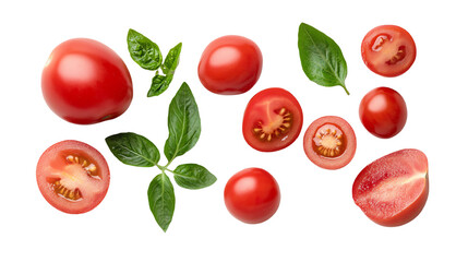 Fresh red tomatoes and basil leaves arranged on a white background.