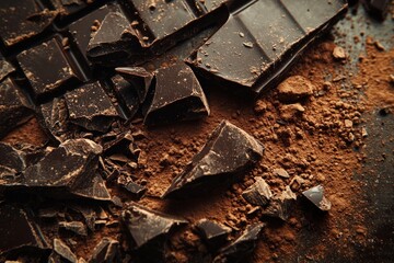 Pieces of broken dark chocolate bar lying on cocoa powder, creating a tempting and decadent scene