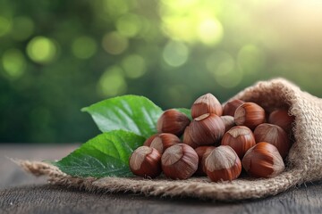 Hazelnuts are spilling from a burlap sack on a wooden table with green leaves and a blurred natural background