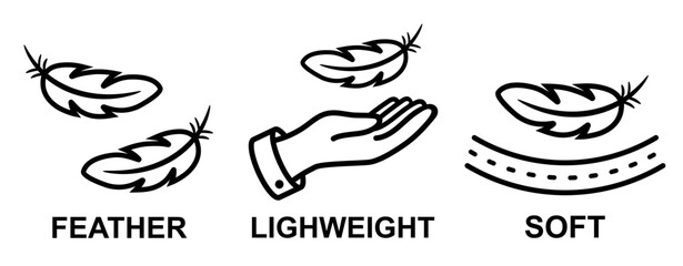 Lightweight feather on hand palm, light weight soft touch surface, delicate sensitive skin care beauty product line icon. Bird quill. Flying plume. Goose fluff feathery filling for bedding. Vector