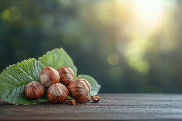 Close-up of hazelnuts showing their texture and natural beauty, placed on leaves on a wooden surface with a blurred natural background and soft sunlight