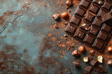 Gourmet dark chocolate bar with hazelnuts and cocoa powder on a textured background, creating a tempting scene for chocolate lovers