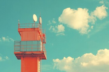 Red telecommunication tower with satellite dishes against blue sky and white clouds