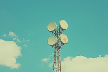 Four microwave antennas transmitting data on a rusty metal tower against a blue sky