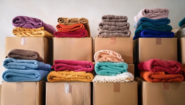 colourful blankets neatly stacked on cardboard boxes warehouse during charity event warmth comfort giving concept volunteers help community by sharing donating blankets good vibes generosity - Powered by Adobe