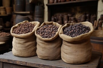 Three burlap sacks brimming with cocoa beans of varying roasts, displayed on a wooden table in a traditional setting, evoke the rich history and process of chocolate making