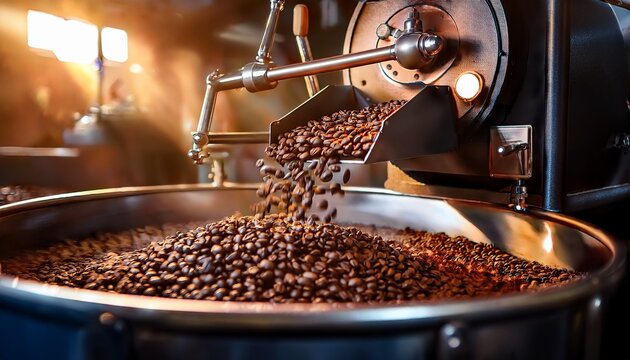 a close up shot of a traditional coffee roasting machine in action freshly roasted coffee beans are cascading from the roasting drum into a cooling tray creating a dynamic and aromatic scene - Powered by Adobe