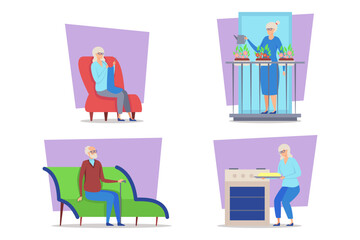 Collection of various activities of elderly individuals at home, such as relaxing, gardening, sitting, and cooking, representing their daily life and interests
