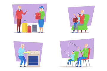 Collection of various activities of elderly individuals, including traveling, spending time with family, cooking, and fishing. Joy and vitality of senior life concept