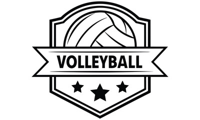 Black and white volleyball badge design with stars and ribbon