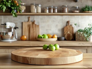 sharp picture of Round wooden podium against the background of the kitchen for displaying products and goods high detail 8k