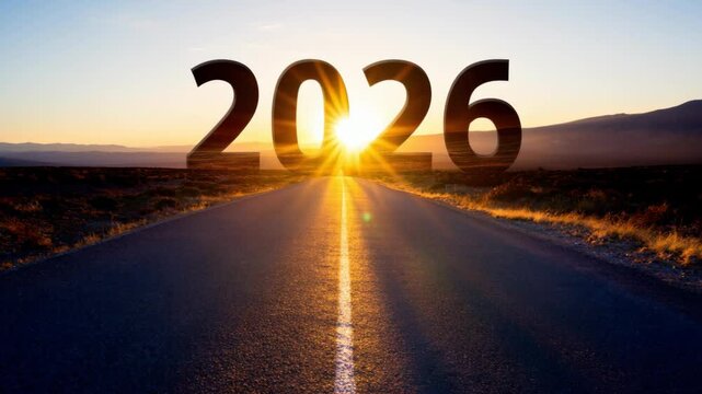 A breathtaking sunrise appearing on the road ahead symbolizes a bright and hopeful future as we approach the year 2026