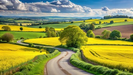 Obraz premium Serene rural landscape with a bend in the road surrounded by vast expanses of golden rape seed oil fields swaying gently in summer breeze