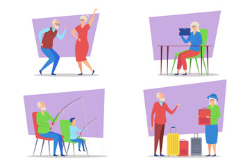 Diverse elderly individuals engaged in joyful activities. Dancing, enjoying tablet, fishing, and traveling highlighting vibrant moments of their lives, showcasing happiness in various settings