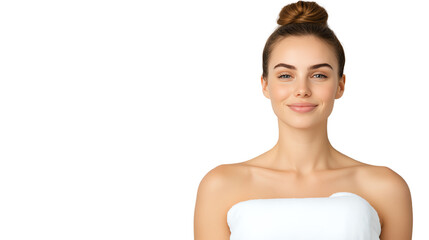 Smiling woman wrapped in a towel with a relaxed expression, perfect for beauty and wellness themes.