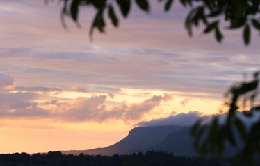 Colouful sky at sunset featuring Benbulben Mountain, County Sligo, Ireland