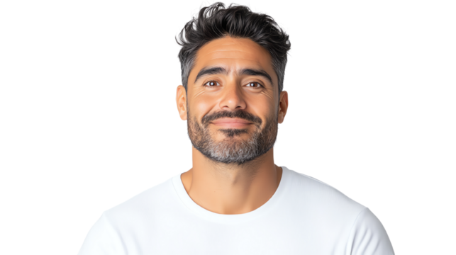 Smiling man with beard wearing white shirt, portrait on white isolated background.