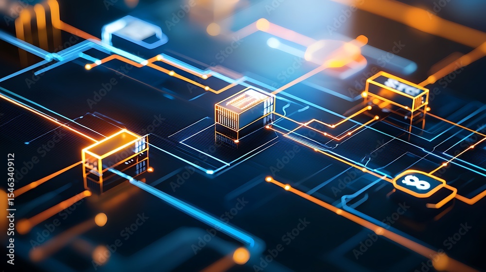 Poster abstract digital technology network with glowing circuits and data boxes on dark background