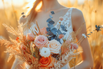 Elegant bride holding a beautiful bouquet of flowers in a sunlit field during a romantic wedding celebration