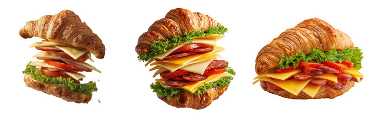 Bright kitchen photography close-up of a delicious croissant sandwich on transparent background