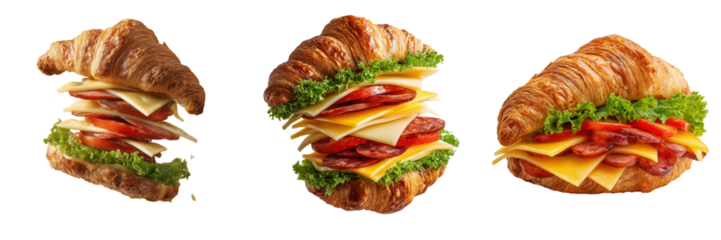 Bright kitchen photography close-up of a delicious croissant sandwich on transparent background