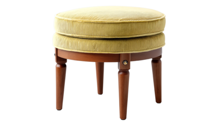 Stylish round ottoman with a yellow cushion and wooden legs, perfect for modern home decor or cozy living spaces.