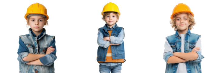 Kids in yellow hard hats construction site portrait studio smiling on transparent background