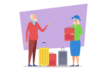 Elderly couple engaged in conversation while surrounded by colorful travel luggage. Woman holding suitcase, while man gesturing. Excitement about upcoming journey concept