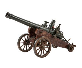 Fototapeta premium Steampunk-Inspired Artillery, A Lucid Realism Depiction of a Steam-Powered Vehicle with a Rotating Cannon