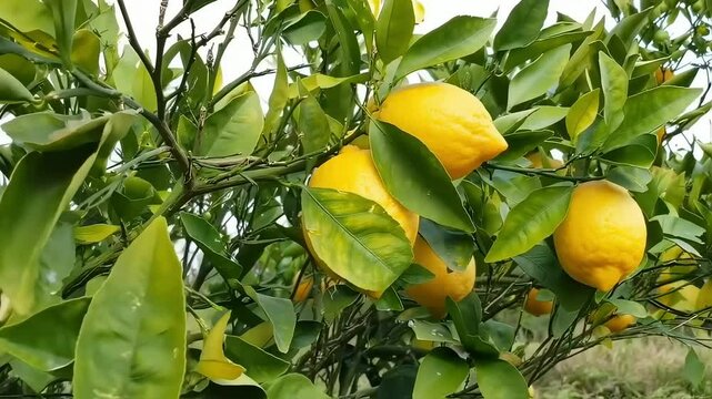 Ripe lemons growing abundantly on lush green citrus tree branches in Mediterranean garden setting