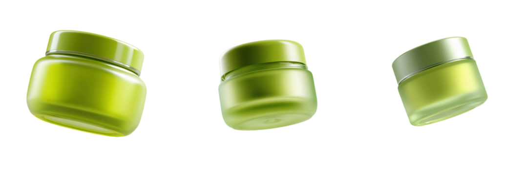 Packaging design for green cream jars in studio setting top view on transparent background
