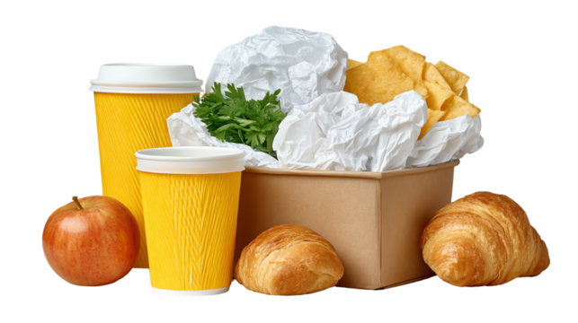Takeout food items including cups, croissants, and an apple on a white isolated background.