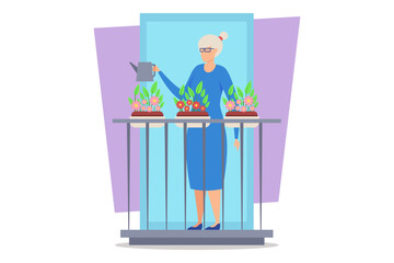 Elderly woman in dress and glasses standing on balcony, cheerfully watering colorful potted plants among cozy atmosphere of her gardening