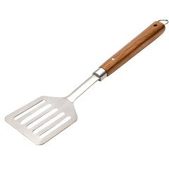 kitchen-spatula-with-slotted-head-and-wooden-handl isolated on white background png, ai generated