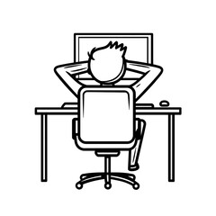 Fototapeta premium Person relaxing at desk in front of a computer, line art drawing