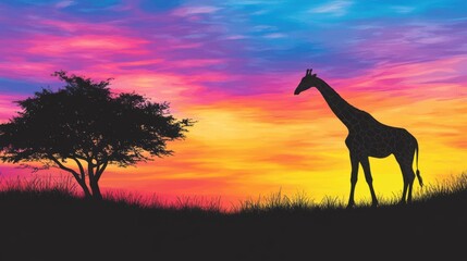 Majestic Giraffe Silhouette Against Vibrant Sunset Sky with Tree and Grassland