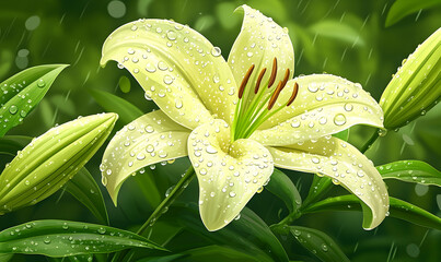 Delicate pale yellow lily in rain