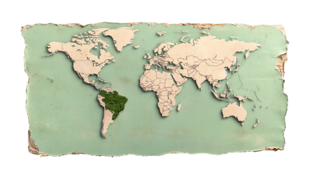 Vintage world map with highlighted area of South America, showcasing geographical features on a textured background.