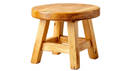 Wooden stool with a round top, perfect for minimalist decor, isolated on a white background.