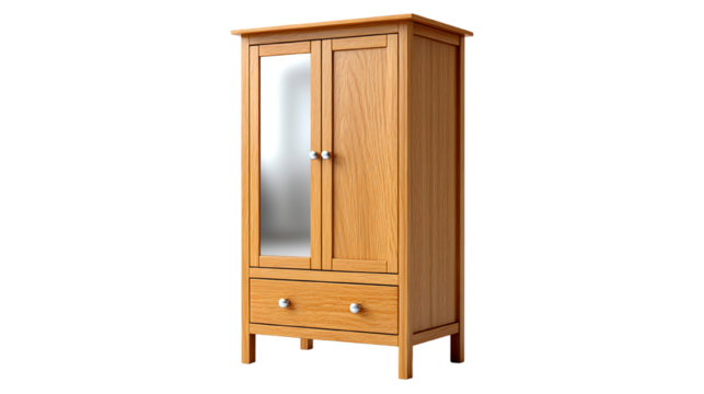 Wooden wardrobe with two doors and a drawer, showcasing modern design traits and natural finish.