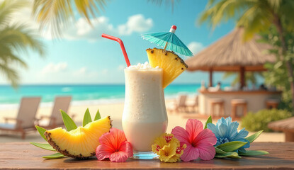 Refreshing Pina Colada Cocktail on a Tropical Beach