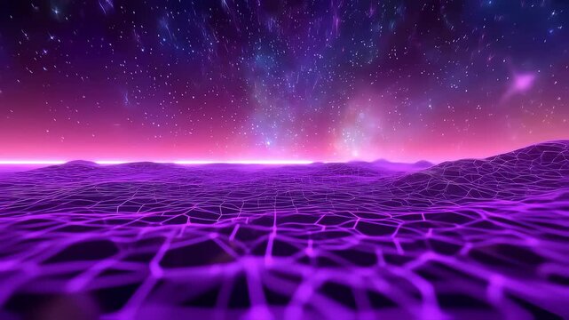 Purple Energy Waves Flowing on Hex Grid Under Stars