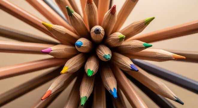 Vibrant radial pattern made of sharpened colored pencils