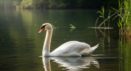Naklejka premium Elegant white swan gliding on a peaceful pond