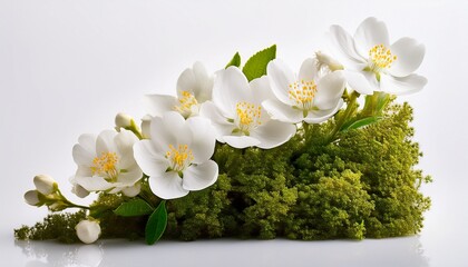 white musk blossom and flowers rising in white background