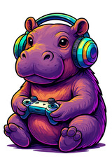 Cute hippo with headphones and game controller vector illustration
