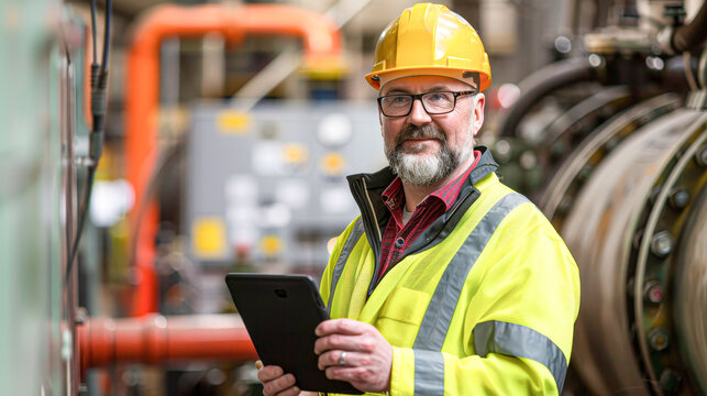A smiling engineer wearing a yellow hard hat and safety jacket holds a tablet in an industrial facility, surrounded by machinery and pipes.