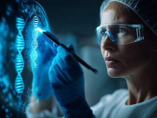 Biohacking biology health. Female hacker editing genetic code in a futuristic setting.